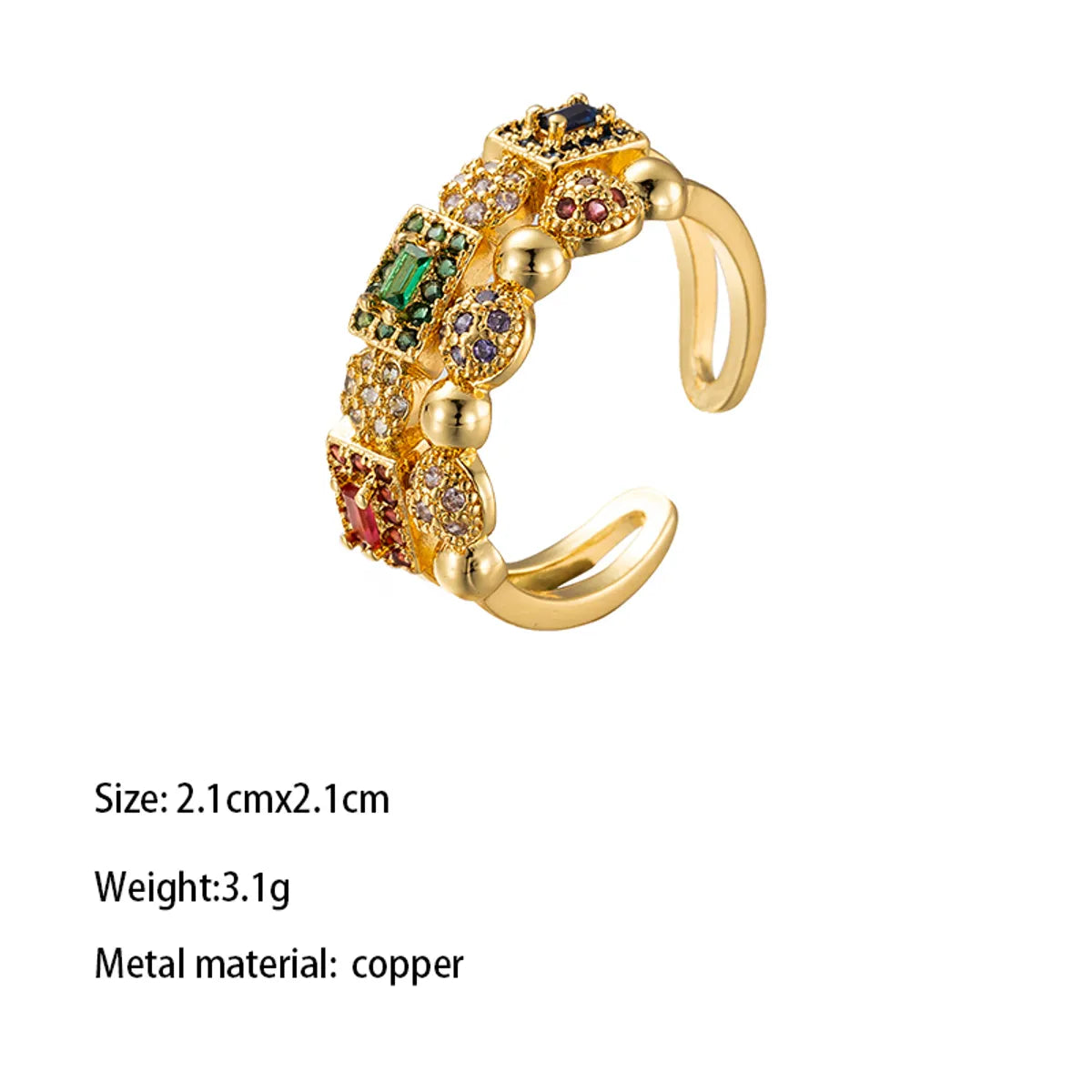 Brass Gold Plated Retro Vintage Style Wedding Plating Inlay Semicircle Round Colorful Zircon Rings