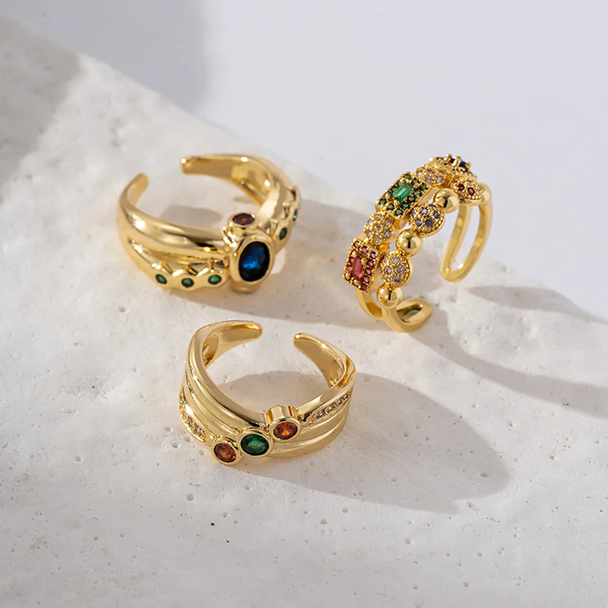 Brass Gold Plated Retro Vintage Style Wedding Plating Inlay Semicircle Round Colorful Zircon Rings