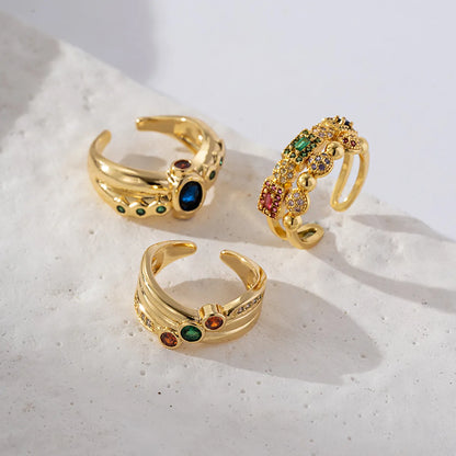 Brass Gold Plated Retro Vintage Style Wedding Plating Inlay Semicircle Round Colorful Zircon Rings