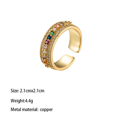 Brass Gold Plated Retro Vintage Style Wedding Plating Inlay Semicircle Round Colorful Zircon Rings