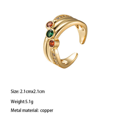 Brass Gold Plated Retro Vintage Style Wedding Plating Inlay Semicircle Round Colorful Zircon Rings