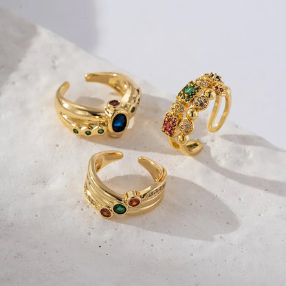 Brass Gold Plated Retro Wedding Plating Inlay Semicircle Round Colorful Zircon Rings