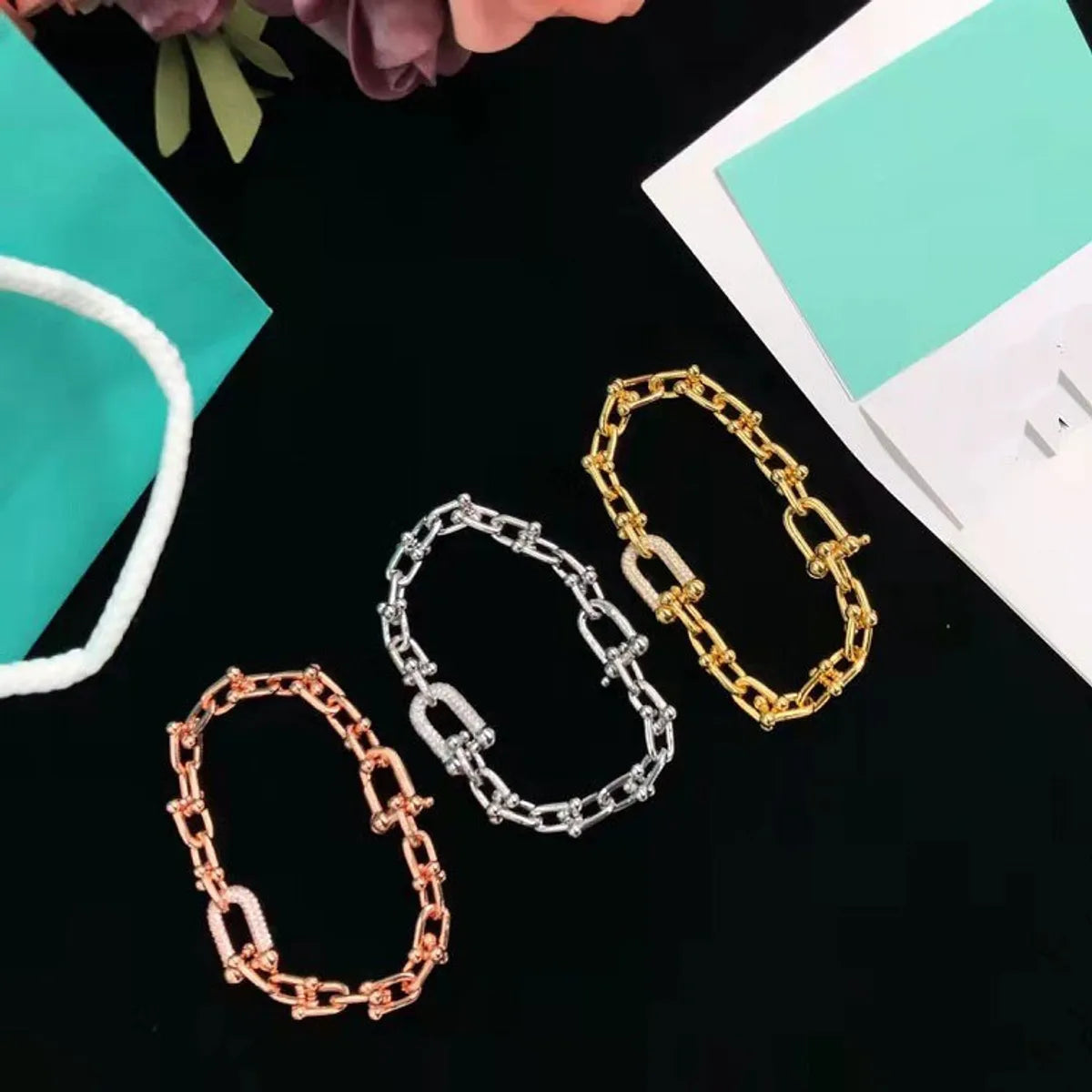 Brass Inlay U Shape Zircon Bracelets Necklace