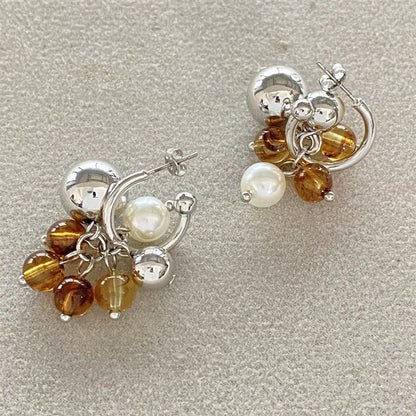 Brass Plating Inlay Flower Artificial Pearls Drop Earrings