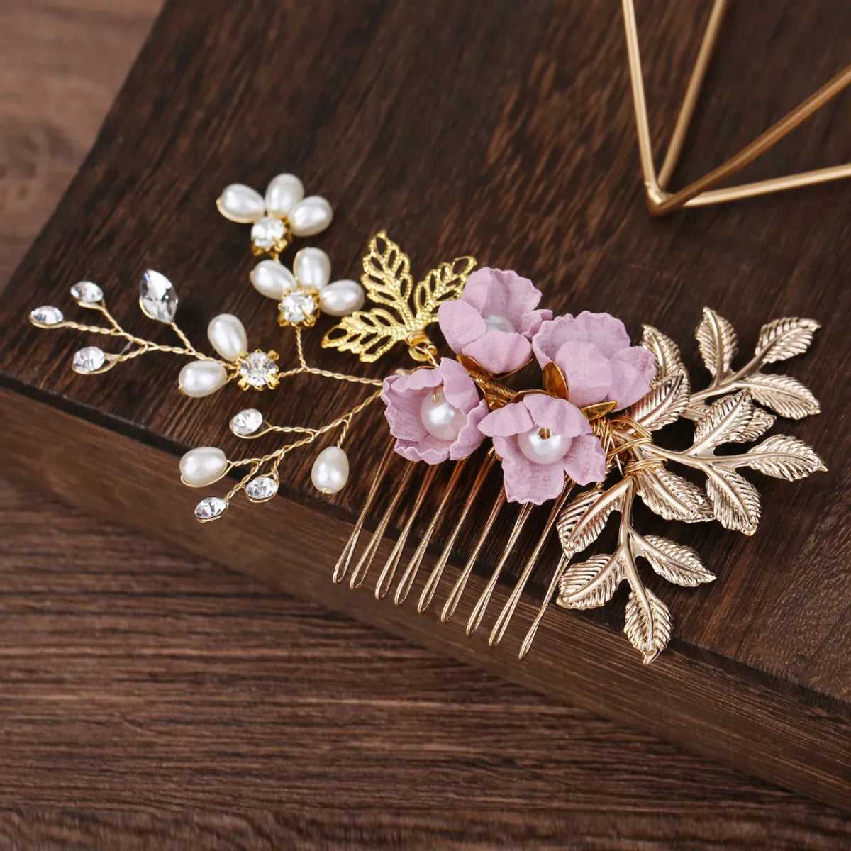 Bridal Headdress Diamonds Purple Flowers Hair Comb Pearl U-Shaped