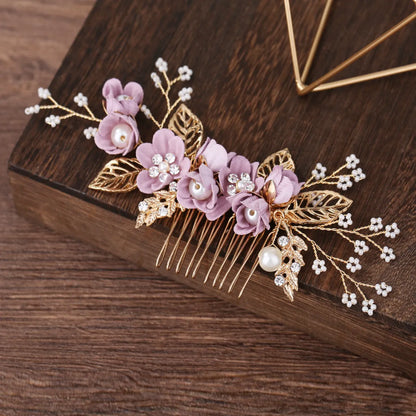 Bridal Headdress Diamonds Purple Flowers Hair Comb Pearl U-Shaped