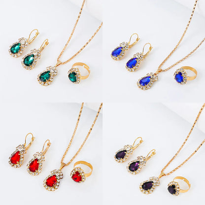 Bridal Shiny Water Droplets Alloy Plating Inlay Rhinestones 14k Gold Plated Women's Rings Earrings Necklace