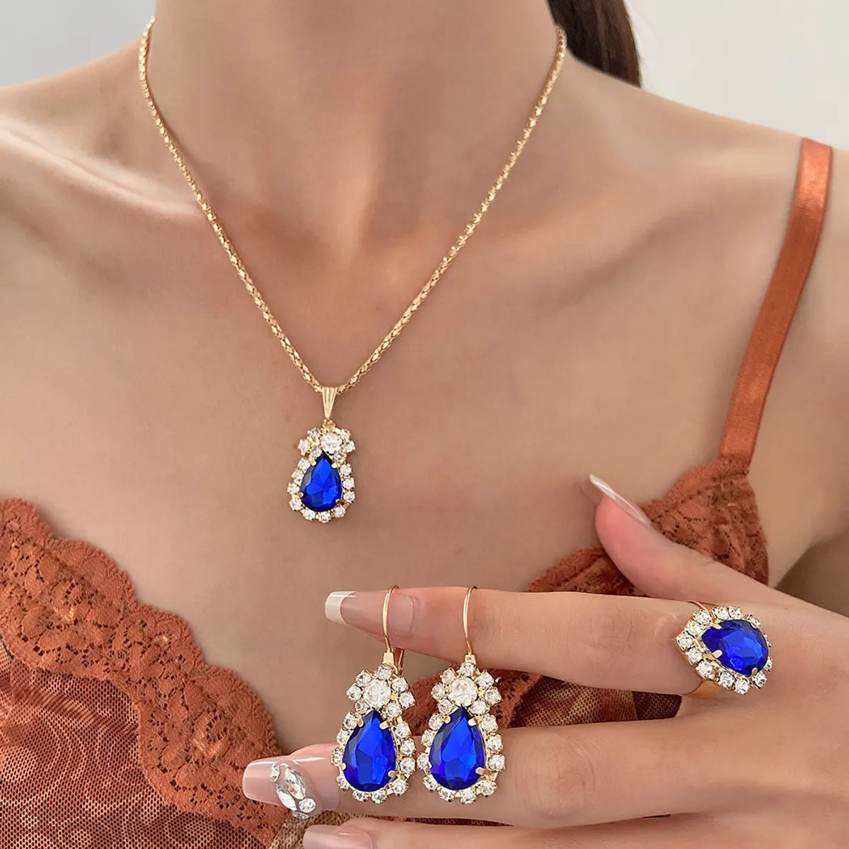 Bridal Shiny Water Droplets Alloy Plating Inlay Rhinestones 14k Gold Plated Women's Rings Earrings Necklace