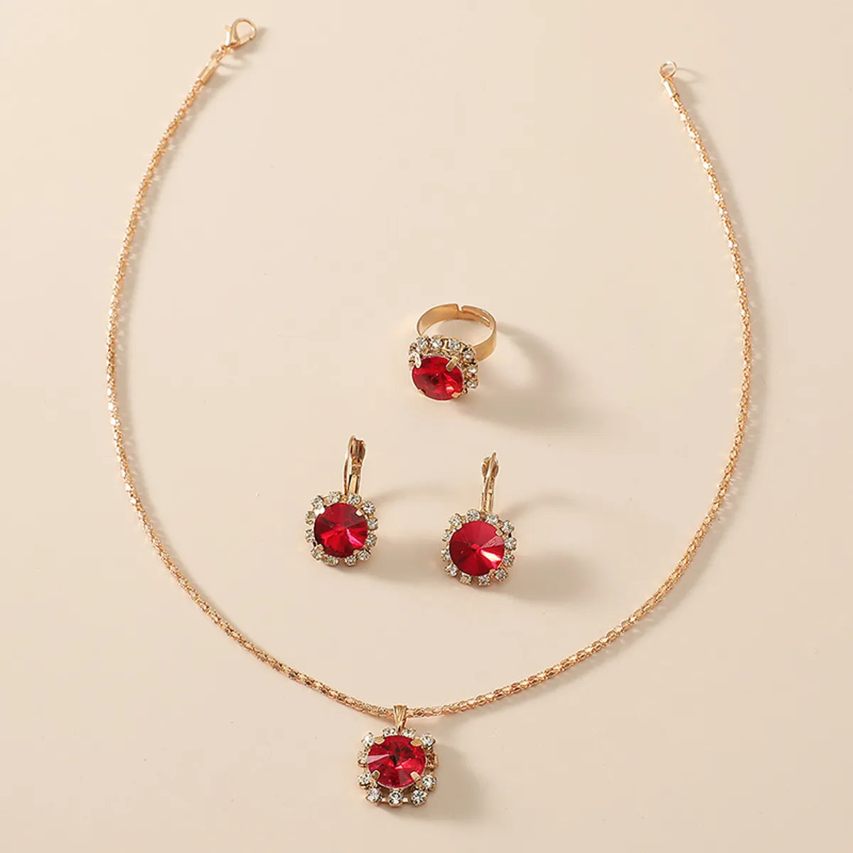 Bridal Suit Dress Accessories Claw Diamond Ruby Necklace Earrings Ring Set