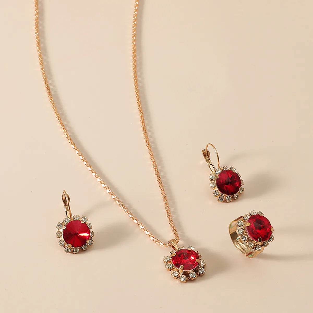 Bridal Suit Dress Accessories Claw Diamond Ruby Necklace Earrings Ring Set