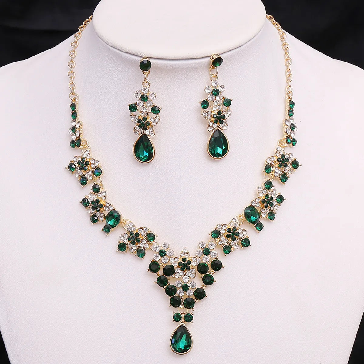 Bridal Water Droplets Flower Alloy Inlay Rhinestones Earrings Necklace