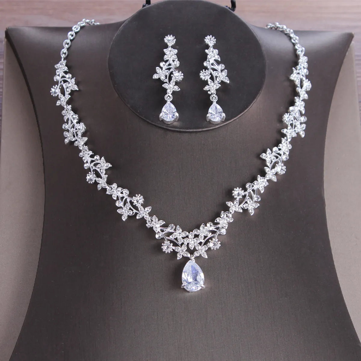 Bridal Water Droplets Flower Alloy Rhinestone Women'S Earrings Necklace