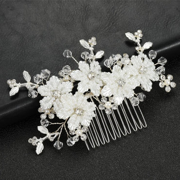 Bridal Wedding Hair Accessories White Flowers Beaded Hair Comb