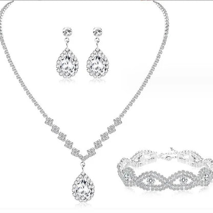 Bridesmaid Dance Costume Rhinestone Jewelry Suit Bridal Wedding Metal Zircon Water Drop Wave Necklace Earrings Bracelet