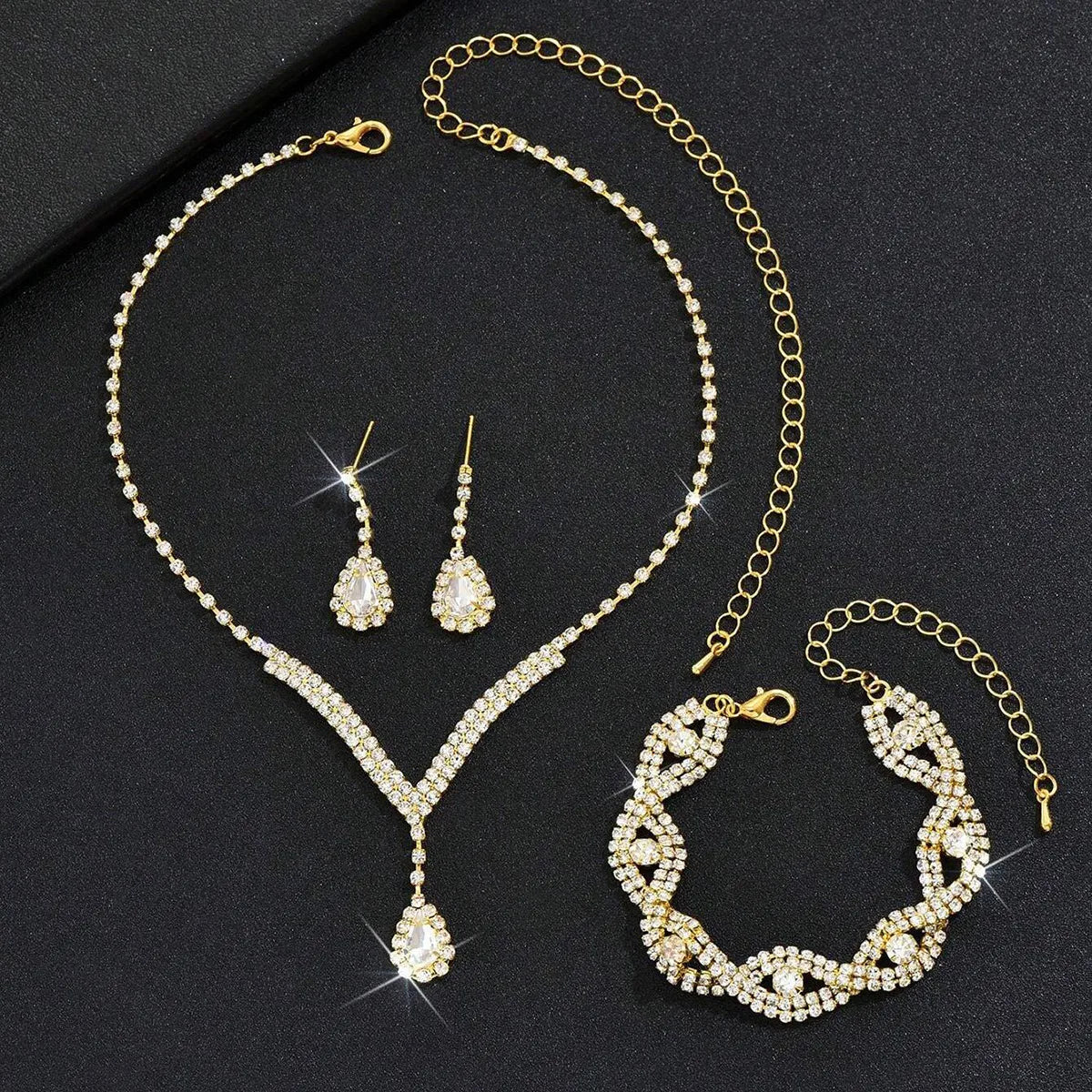 Bridesmaid Dance Costume Rhinestone Jewelry Suit Bridal Wedding Metal Zircon Water Drop Wave Necklace Earrings Bracelet