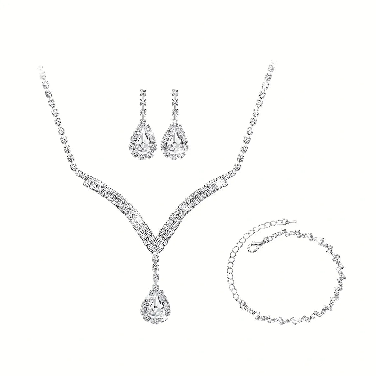 Bridesmaid Dance Costume Rhinestone Jewelry Suit Bridal Wedding Metal Zircon Water Drop Wave Necklace Earrings Bracelet