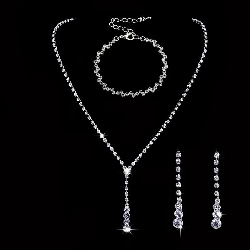 Bridesmaid Dance Costume Rhinestone Jewelry Suit Bridal Wedding Metal Zircon Water Drop Wave Necklace Earrings Bracelet