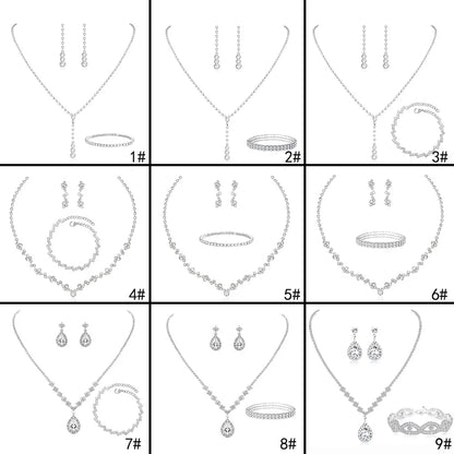 Bridesmaid Dance Costume Rhinestone Jewelry Suit Bridal Wedding Metal Zircon Water Drop Wave Necklace Earrings Bracelet