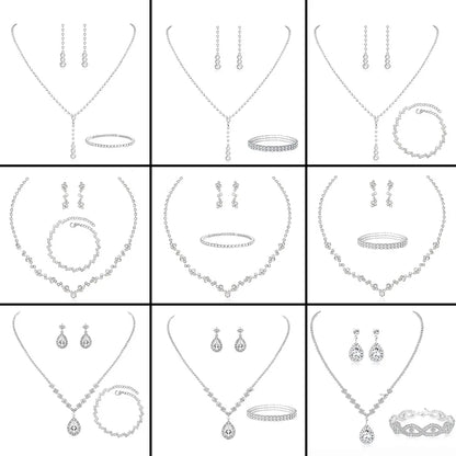 Bridesmaid Dance Costume Rhinestone Jewelry Suit Bridal Wedding Metal Zircon Water Drop Wave Necklace Earrings Bracelet