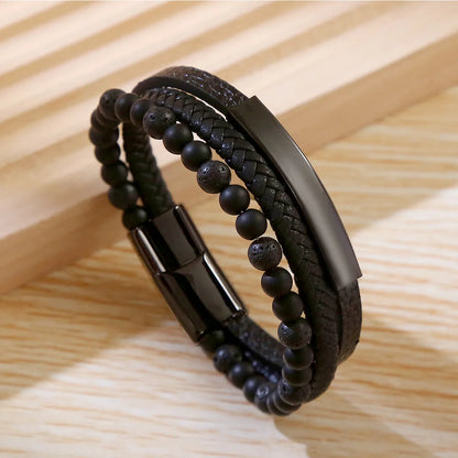 Business Argyle Stainless Steel Pu Leather Natural Stone Beaded Knitting Men'S Wristband