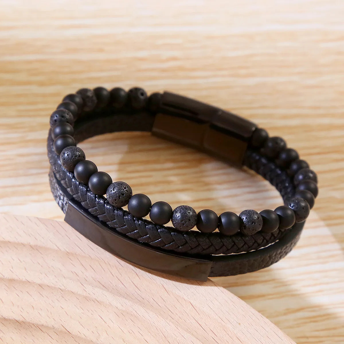 Business Argyle Stainless Steel Pu Leather Natural Stone Beaded Knitting Men'S Wristband