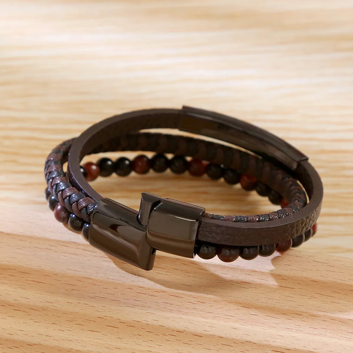 Business Argyle Stainless Steel Pu Leather Natural Stone Beaded Knitting Men'S Wristband