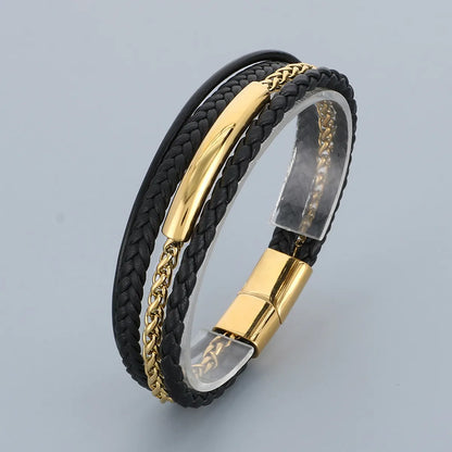 Business Geometric 304 Stainless Steel Leather Layered 18K Gold Plated Men'S Bangle