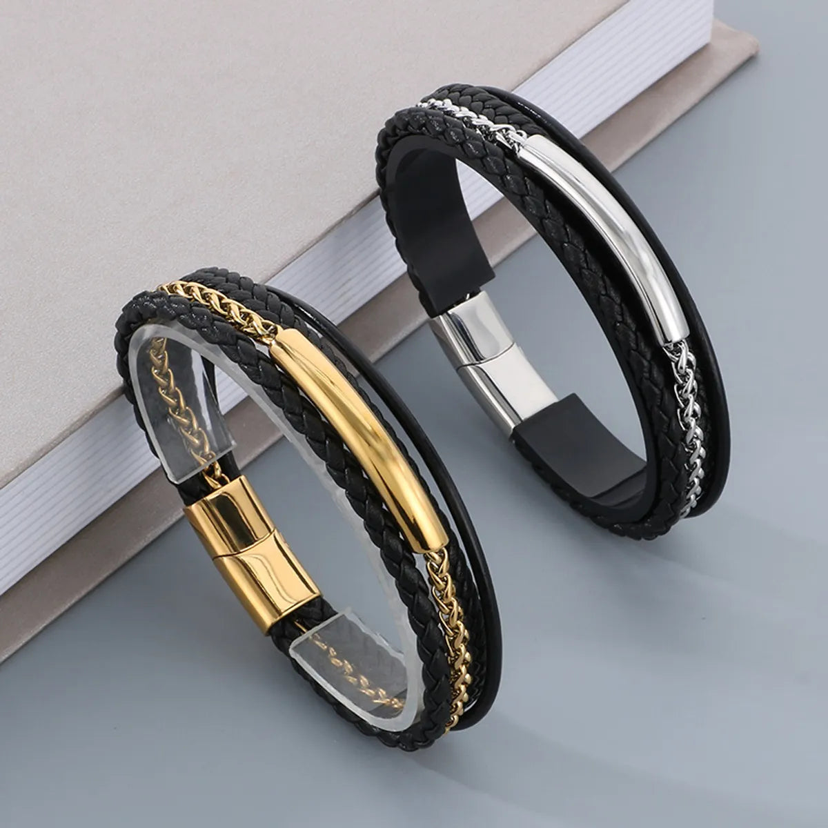 Business Geometric 304 Stainless Steel Leather Layered 18K Gold Plated Men'S Bangle