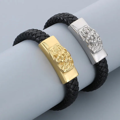 Business Lion Skull 304 Stainless Steel Leather Knitting 18K Gold Plated Men'S Bangle