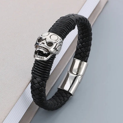 Business Lion Skull 304 Stainless Steel Leather Knitting 18K Gold Plated Men'S Bangle