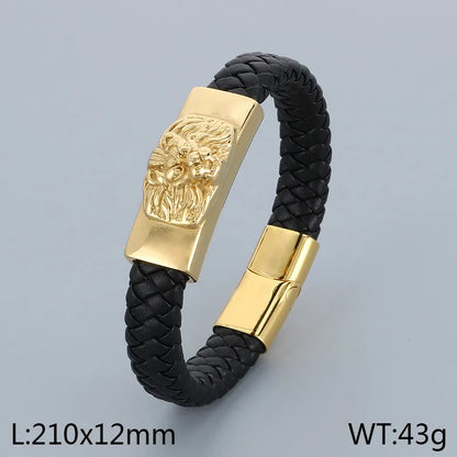 Business Lion Skull 304 Stainless Steel Leather Knitting 18K Gold Plated Men'S Bangle