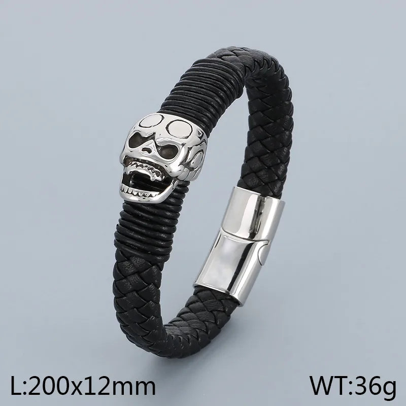 Business Lion Skull 304 Stainless Steel Leather Knitting 18K Gold Plated Men'S Bangle