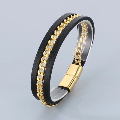 Business Simple Style Solid Color 304 Stainless Steel Leather Layered 18K Gold Plated Men'S Bangle