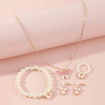 Butterfly Alloy Pendant Children Necklace Pearl Bracelet Set