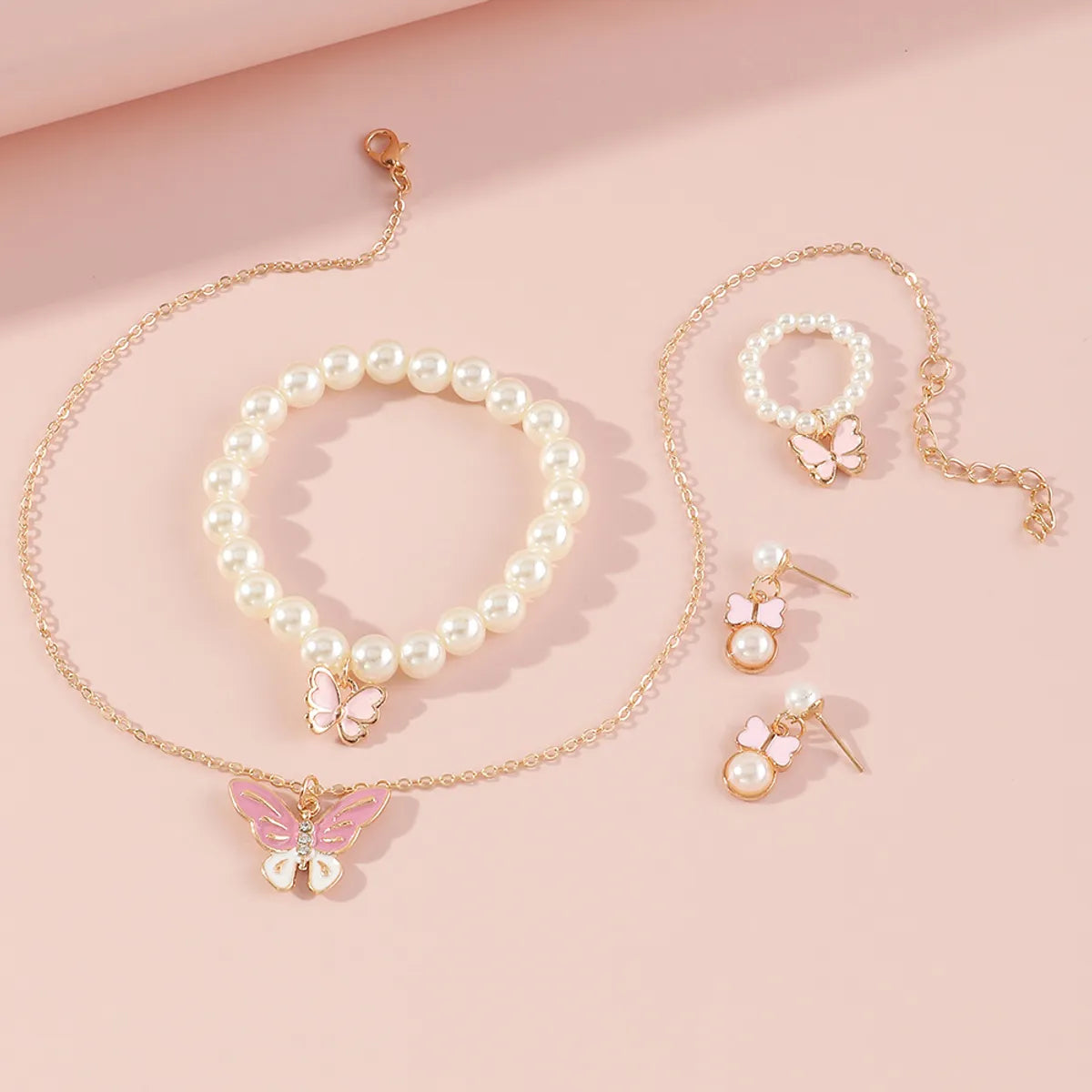 Butterfly Alloy Pendant Children Necklace Pearl Bracelet Set