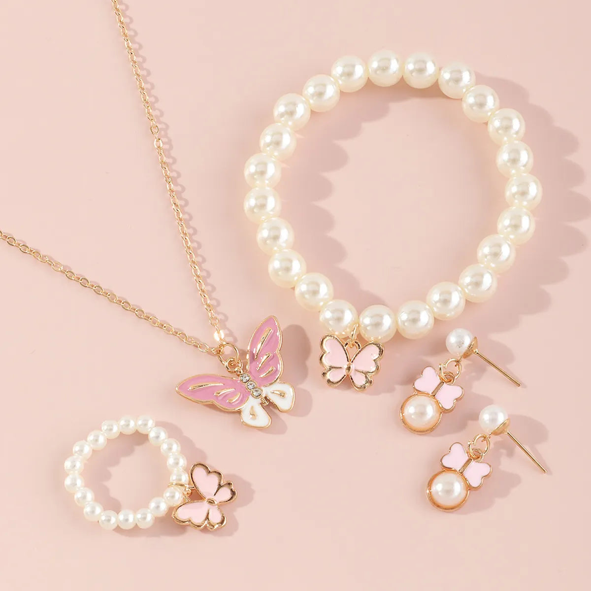 Butterfly Alloy Pendant Children Necklace Pearl Bracelet Set