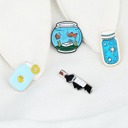 Cartoon Fish Tank Bottle Wine Bottle Lemon Drink Combination Cute Dripping Oil Alloy Brooch