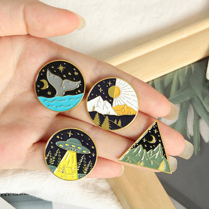 Cartoon Round Black Night Moon Sun Whale Tail Alloy Brooch