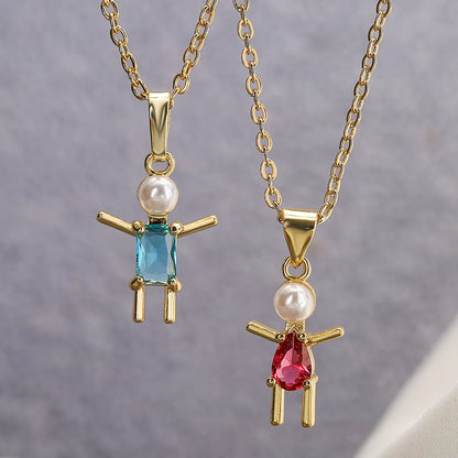 Cartoon Style Artistic Human Copper 18k Gold Plated Pearl Zircon Pendant Necklace In Bulk