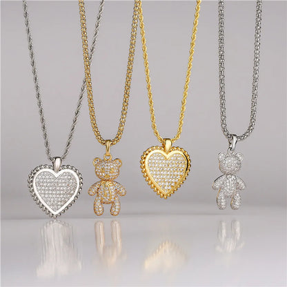 Cartoon Style Bear Heart Shape Copper Plating Inlay Zircon Sweater Chain 1 Piece