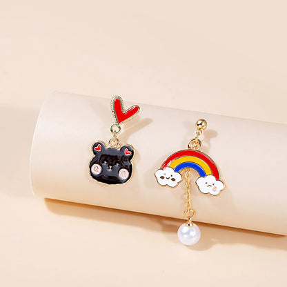 1 Pair Cartoon Style Cat Asymmetrical Enamel Plating Alloy Drop Earrings