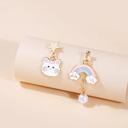 1 Pair Cartoon Style Cat Asymmetrical Enamel Plating Alloy Drop Earrings