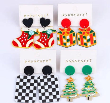 Cartoon Style Christmas Tree Christmas Socks Checkered Arylic Women's Drop Earrings 1 Pair