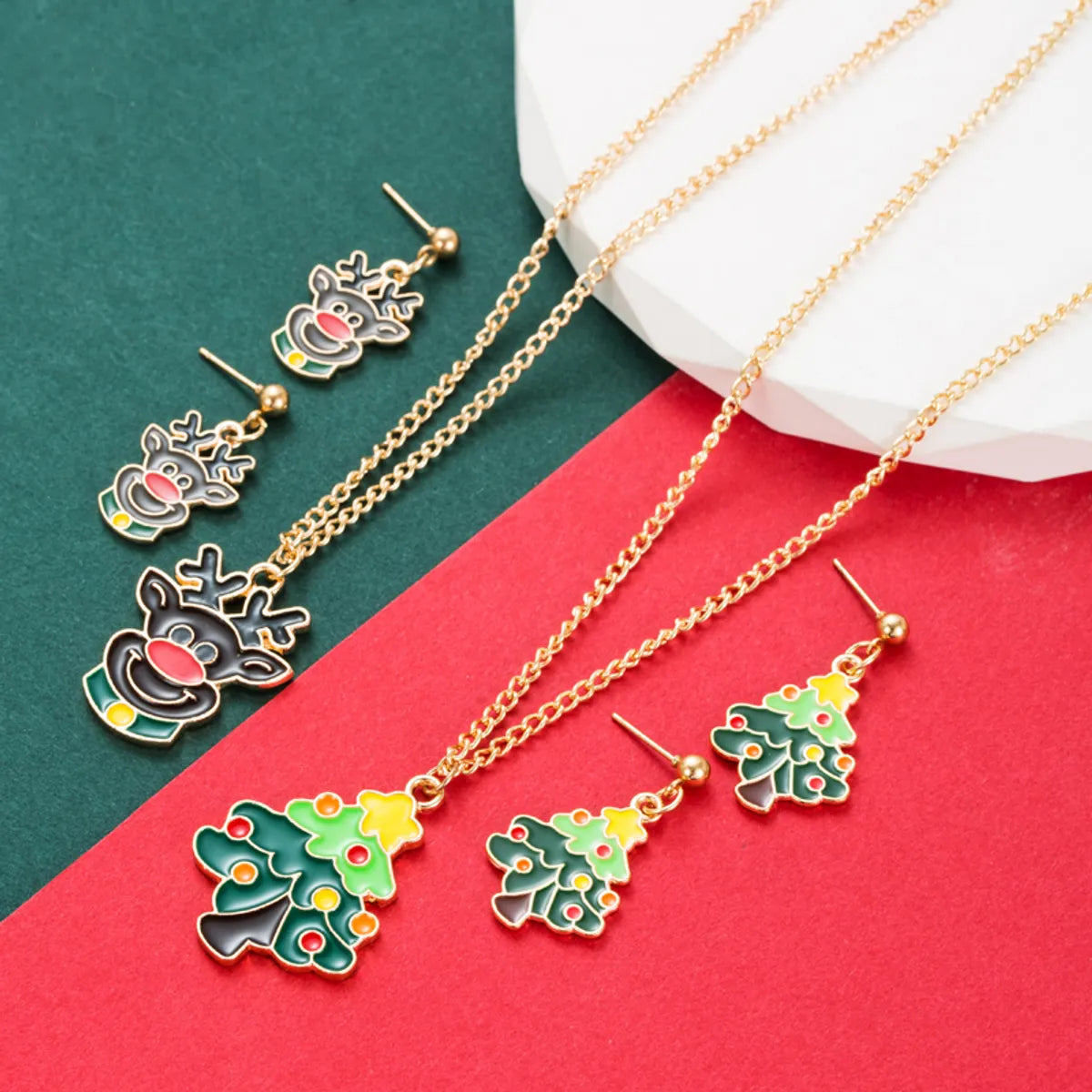 Cartoon Style Christmas Tree Elk Alloy Enamel Unisex Earrings Necklace 1 Set