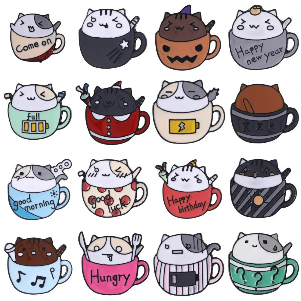 Cartoon Style Coffee Cup Cat Alloy Stoving Varnish Plating Kid'S Brooches