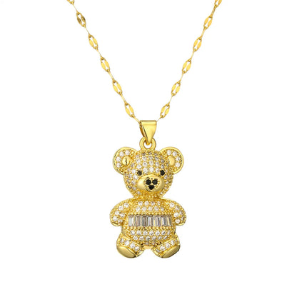 Wholesale Jewelry Cartoon Style Cute Little Bear Titanium Steel Copper Zircon Plating Inlay Pendant Necklace