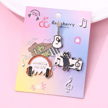 Cartoon Style Cute Romantic Cello Cat Notes Alloy Enamel Plating Kid'S Brooches 3 Pieces Set