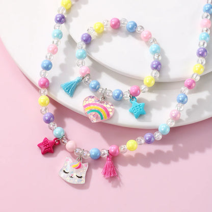 Cartoon Style Cute Sweet Rainbow Heart Shape Cat Beaded Resin Beaded Girl'S Bracelets Necklace