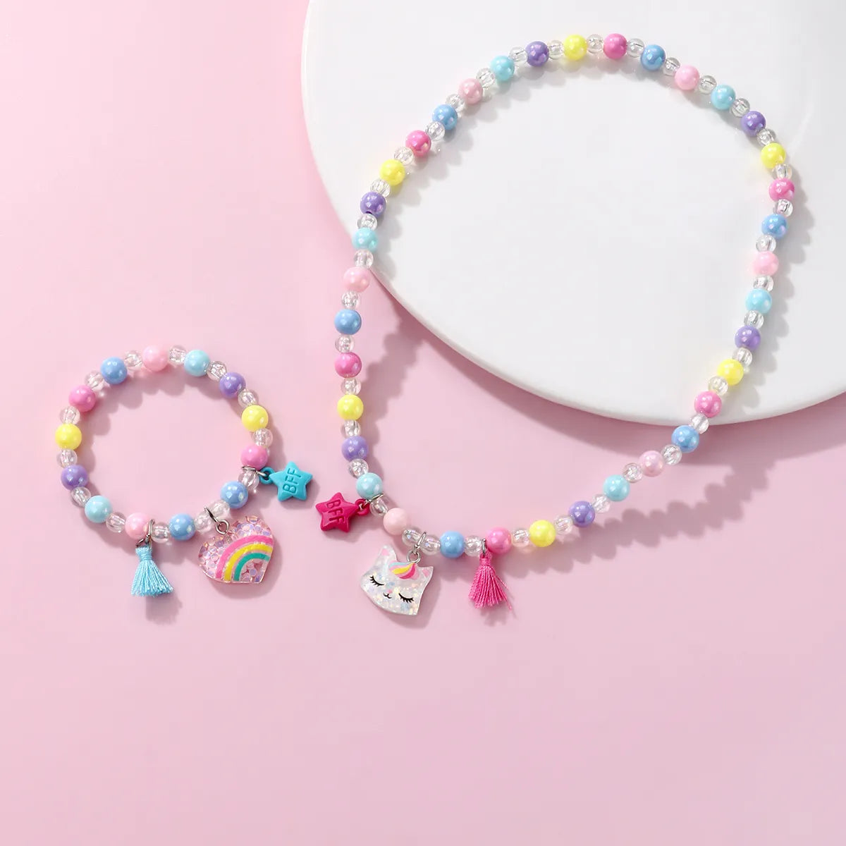 Cartoon Style Cute Sweet Rainbow Heart Shape Cat Beaded Resin Beaded Girl'S Bracelets Necklace