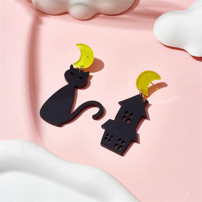 1 Pair Cartoon Style Funny House Moon Cat Asymmetrical Hollow Out Arylic Drop Earrings